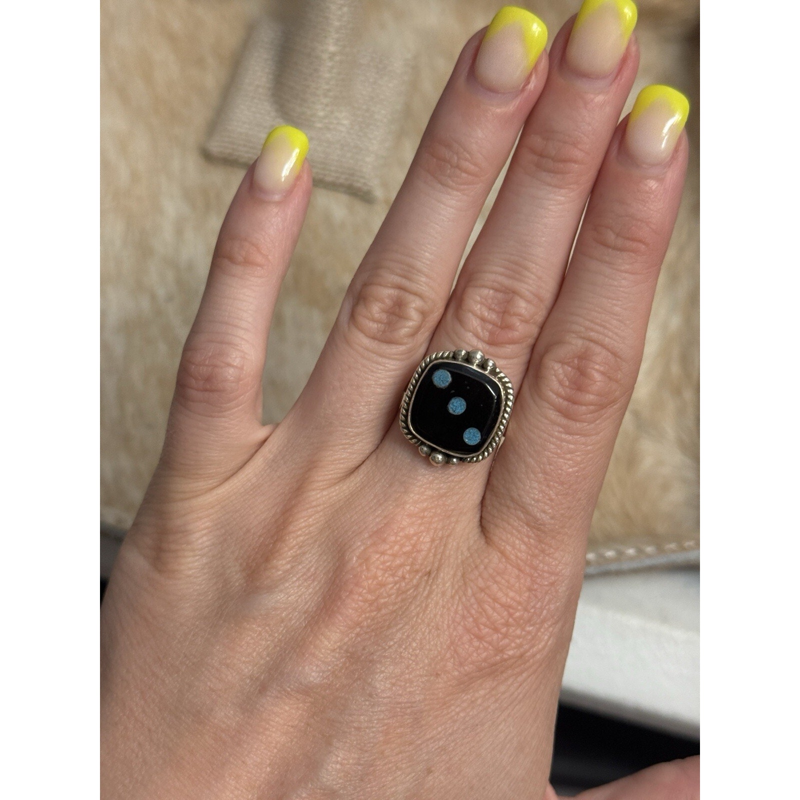Native American Sw Sterling Silver Carved Onyx Black Opal Dice Ring 3 Gamble 125$